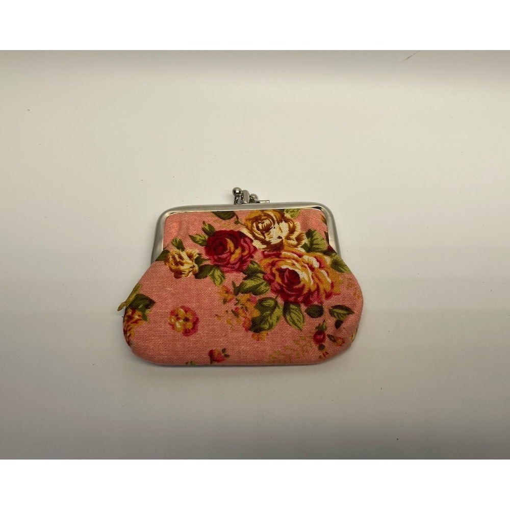VTG Floral Kiss Lock Coin Purse Pink Fabric Change Pouch Cottagecore Retro
